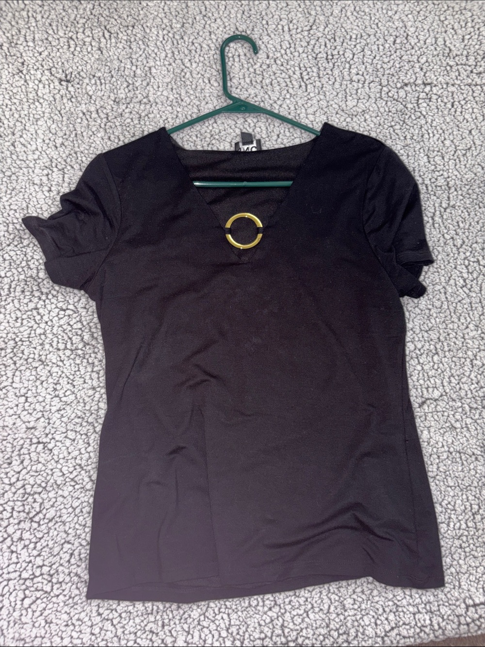 INC International Concepts Black Short-Sleeve V-Neck Top with Gold Ring